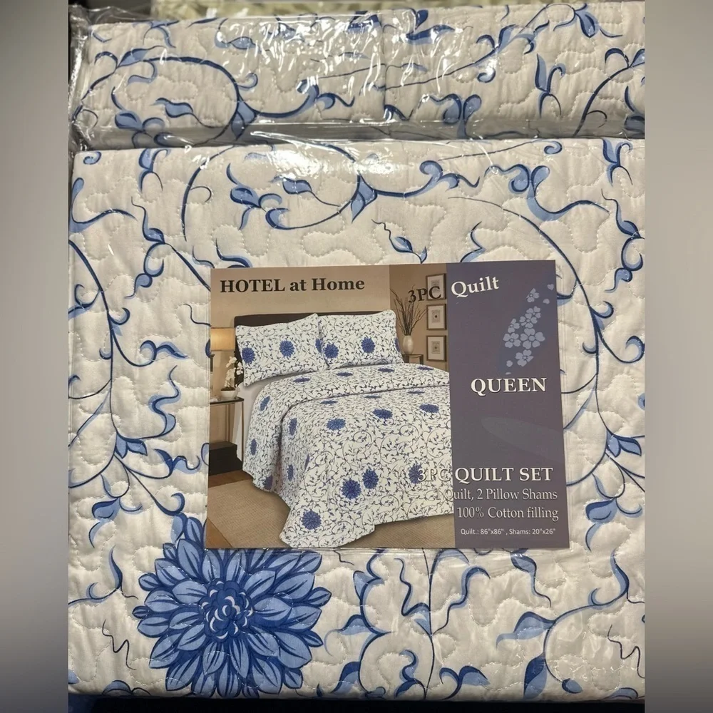 Hotel at home Queen 3pc Quilt set Blue floral print